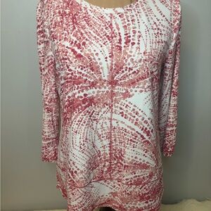 Chico's Weekends  White Tunic with Coral Dot Wave Print
